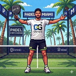 Pixel-art Chris G on a padel court